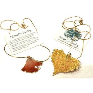 NATURES JEWELRY LEAF SHELL PENDANT 24K GOLD NECKLACE LOT 2 CAMBRIDGE MA NEW